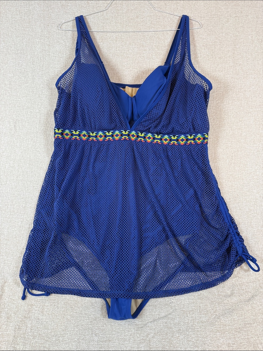 Cacique Royal Blue Mesh One-Piece Swim Dress with Embroidered Waist